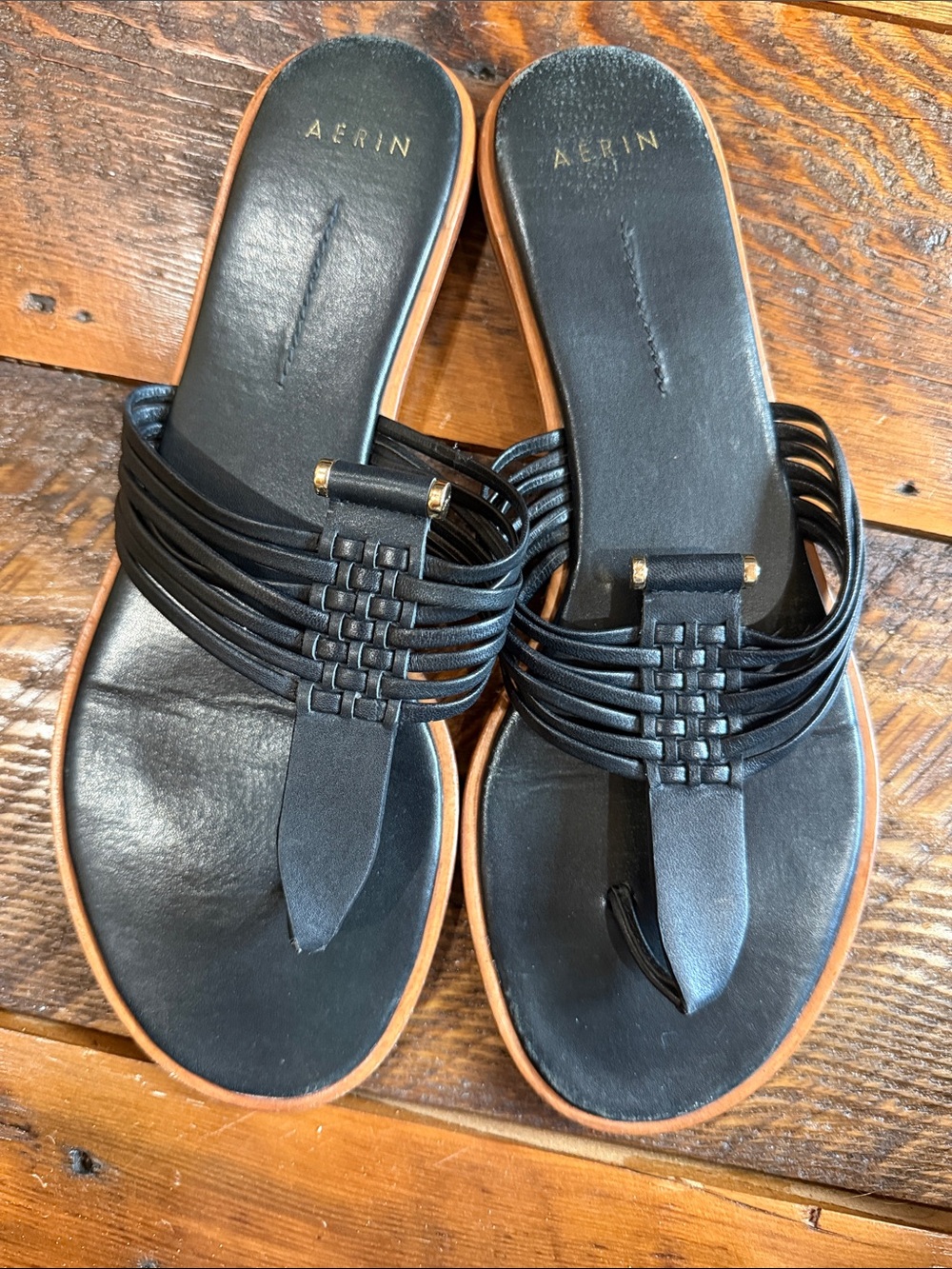Aerin Black Leather Braided Multi‑Strap Toe‑Thong Sandals